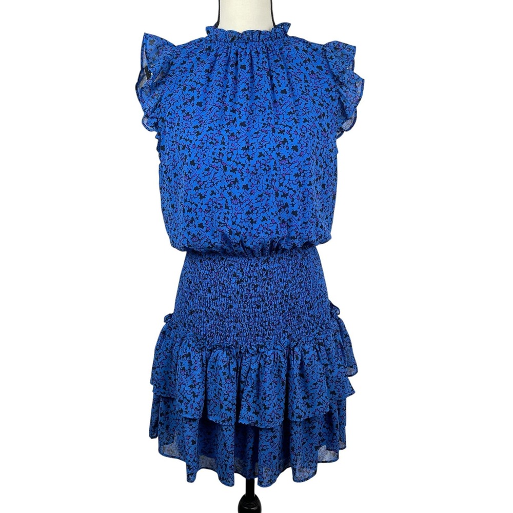 TCEC Women's Cheryl Mini Dress Small Blue Black Smocked Flutter Sleeve Tiered